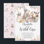 Convite Woodland Amigos Wild One Girls primeiro aniversari<br><div class="desc">Belas florestas selvagens animais selvagens,  um aniversário feminino,  convite para um fundo de burlap cor-de-rosa,  com um fundo de coordenação.</div>