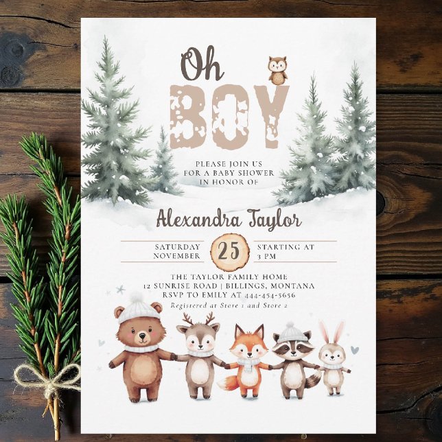 Convite Woodland Animais Winter Oh Boy Chá de fraldas (winter baby shower invitation oh boy cute woodland animals watercolor snow cold pine forest)