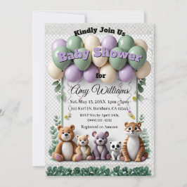 Convite Woodland Animal Green aand Lavender Baby Shower