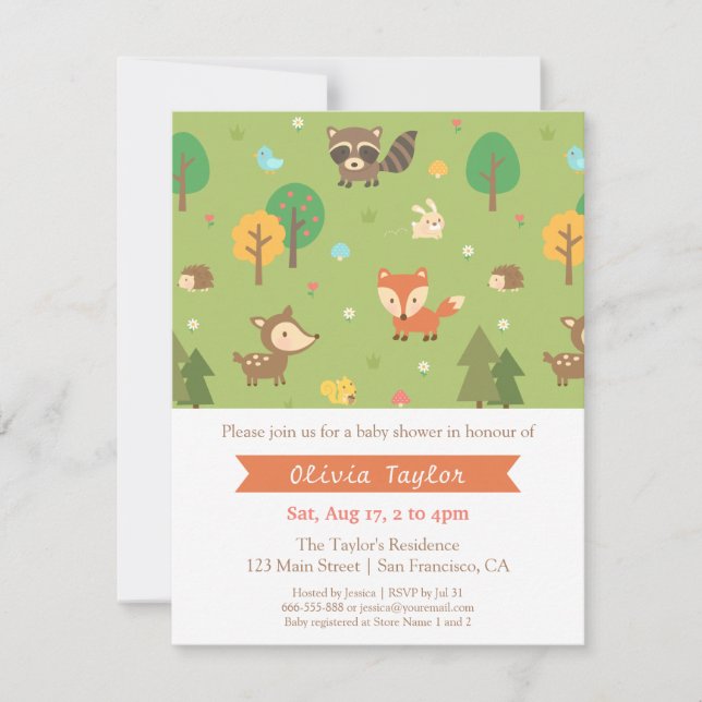 Convite Woodland Animal Pattern Baby Shower (Frente)