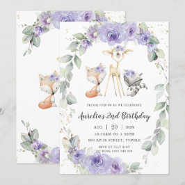 Convite Woodland Animal Purple Floral Greenerescência Flor