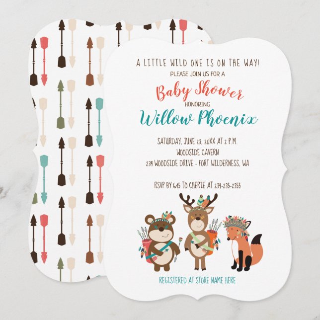Convite Woodland Animal Tribal Boho Chá de fraldas Invite (Frente/Verso)