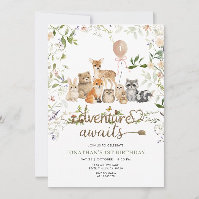 Convite Woodland Animals 1st Birthday | Rustic Forest (Frente)