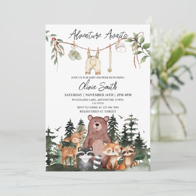 Convite Woodland Animals Adventure Awaits Baby Shower (Em pé/Frente)
