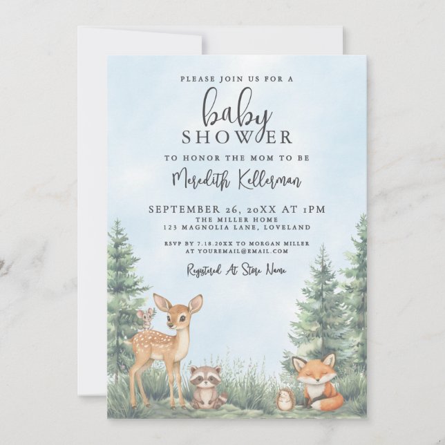 Convite Woodland Animals Adventure Baby Shower (Frente)