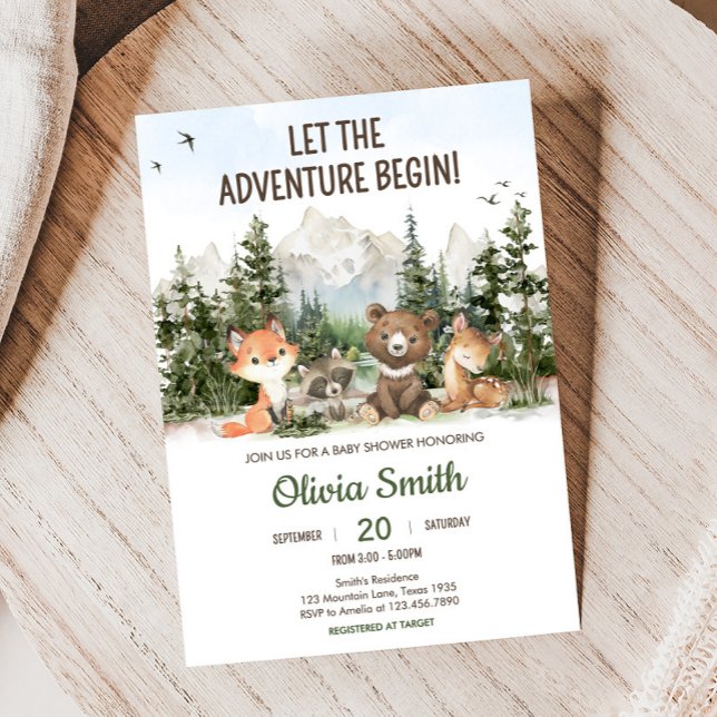Convite Woodland Animals Adventure Baby Shower (Woodland Animals Adventure Baby Shower Invitation)