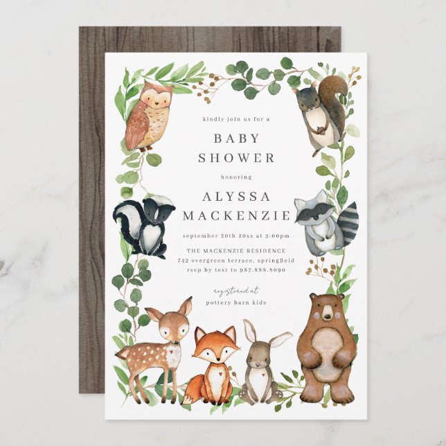 Convite Woodland Animals Baby Shower Invitation (Frente/Verso)