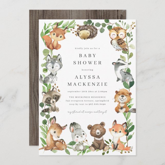 Convite Woodland Animals Baby Shower Invitation (Frente/Verso)