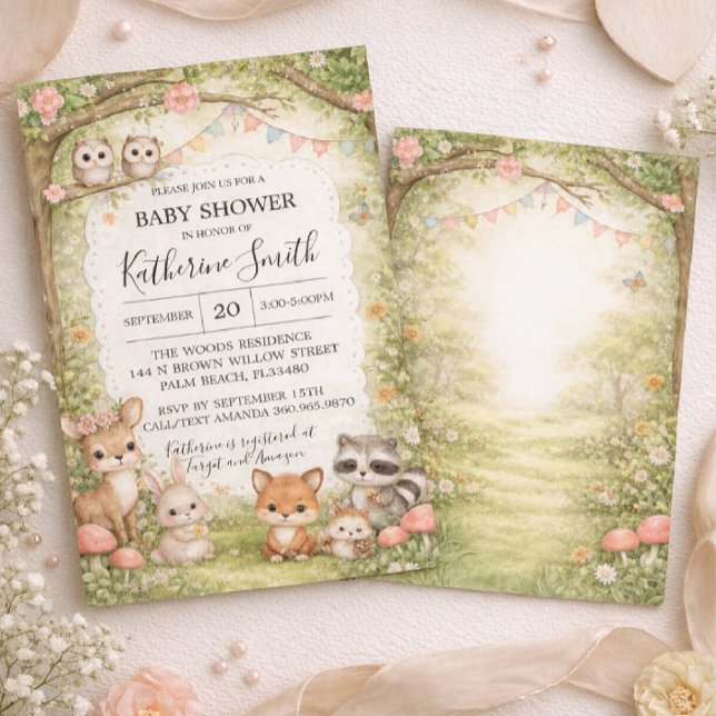 Convite Woodland Animals Baby Shower Invitation Background (Criador carregado)