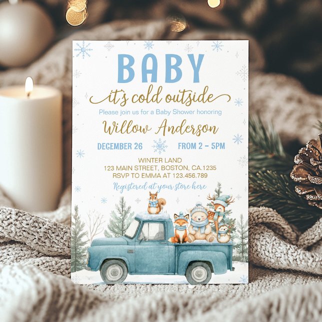 Convite Woodland Animals Blue Truck Winter Baby Shower (Criador carregado)