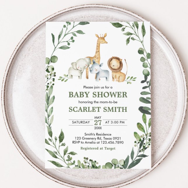 Convite Woodland Animals Botanical Baby Shower  (Woodland Animals Baby Shower Invitation)