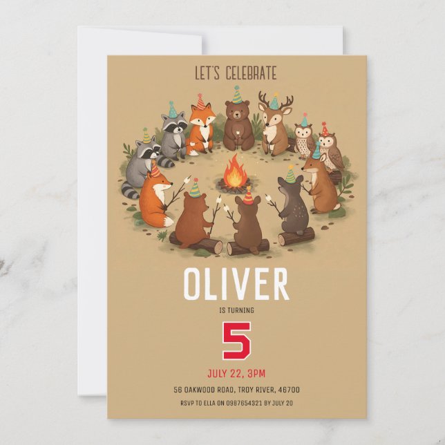 Convite Woodland Animals Campfire Birthday Party (Frente)