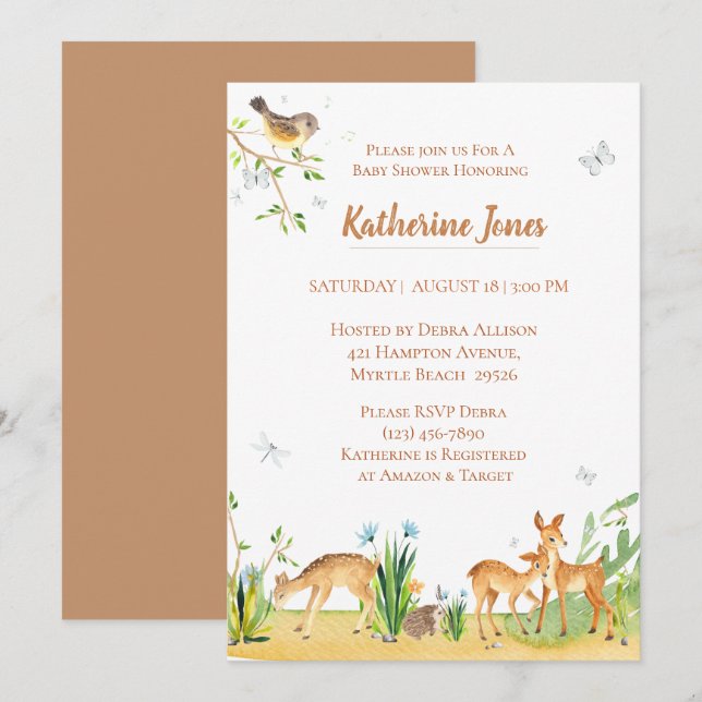 Convite Woodland Animals Deer Baby Shower  (Frente/Verso)