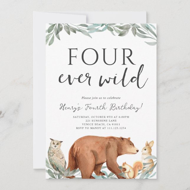 Convite Woodland Animals Forest Birthday Party Invitation (Frente)
