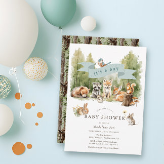 Convite Woodland Animals Forest Boy Baby Shower