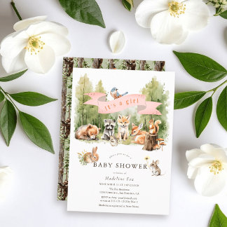 Convite Woodland Animals Forest Girl Baby Shower