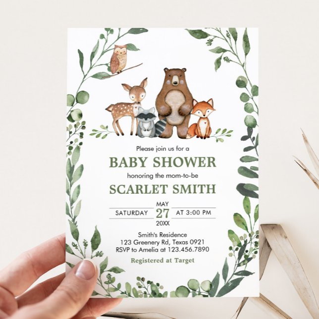 Convite Woodland Animals Greenery Baby Shower  (Woodland Animals Baby Shower Invitation)