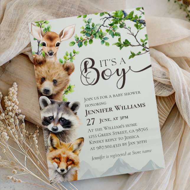 Convite Woodland Animals Greenery It’s a Boy Baby Shower (Criador carregado)