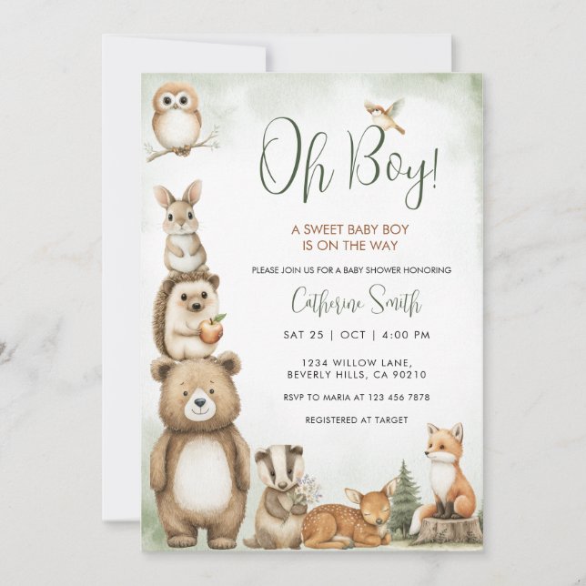 Convite  Woodland Animals Sweet Baby Boy Baby Shower (Frente)