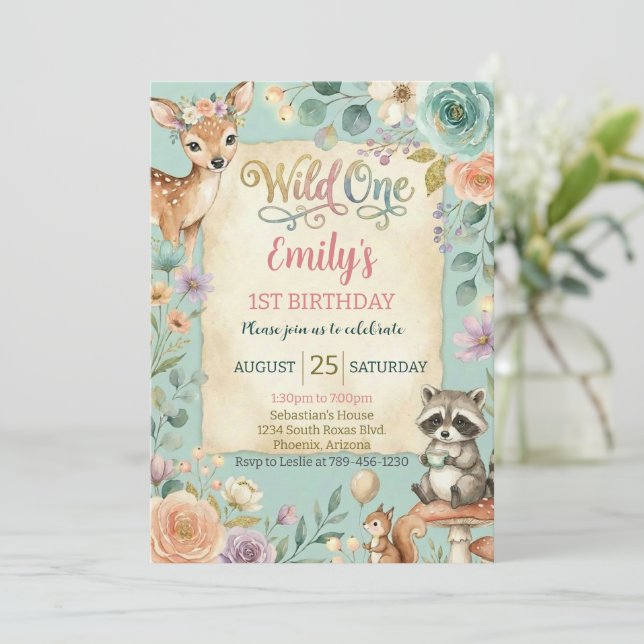 Convite Woodland Animals Wild One Birthday Invitation (Em pé/Frente)