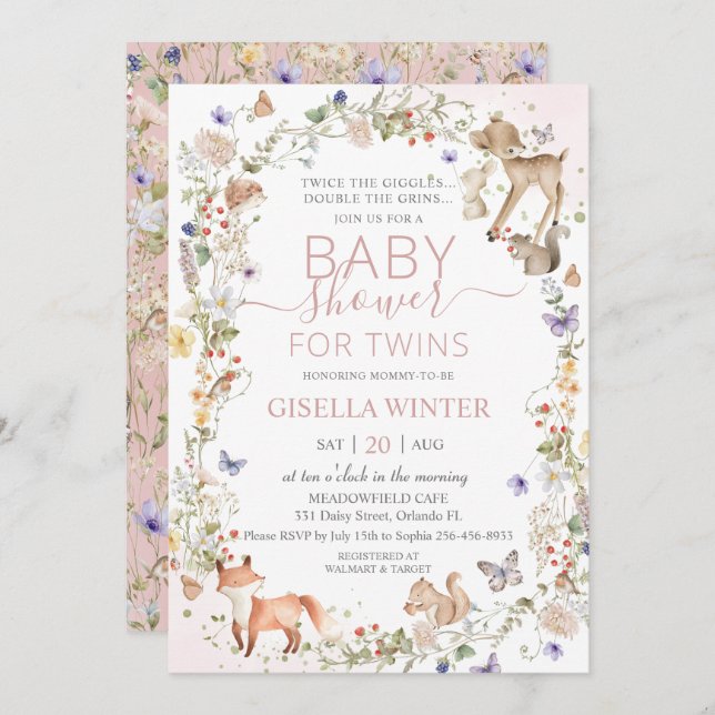 Convite Woodland Animals Wildflower Twins Baby Shower (Frente/Verso)
