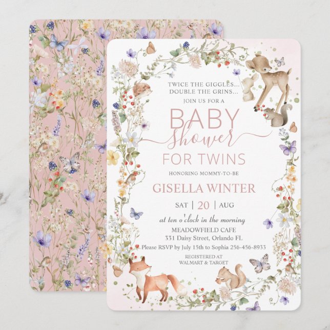 Convite Woodland Animals Wildflower Twins Baby Shower (Frente/Verso)