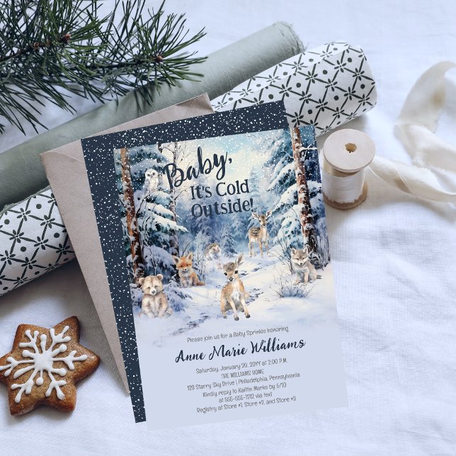 Convite Woodland Baby Animal Winter Boy Sprinkle (Blue Rustic Woodland Animals Baby It's Cold Outside Boy Baby Sprinkle Invitation)