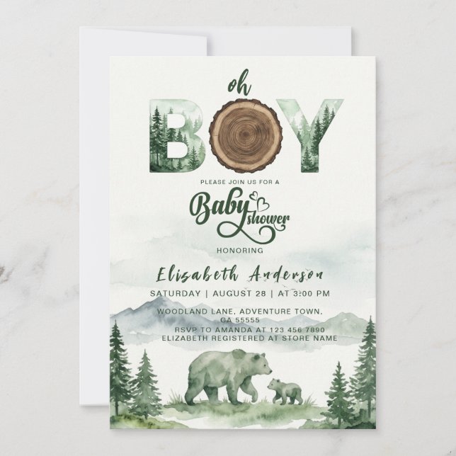 Convite Woodland Bear Baby Shower Invitation Rustic (Frente)