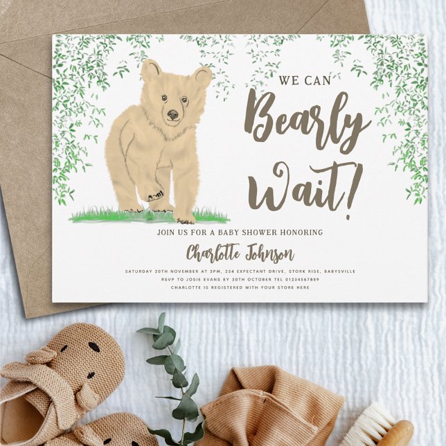 Convite Woodland Bear Sexo Chá de fraldas Neutro (Woodland bear we can bearly wait gender neutral baby shower invitation)
