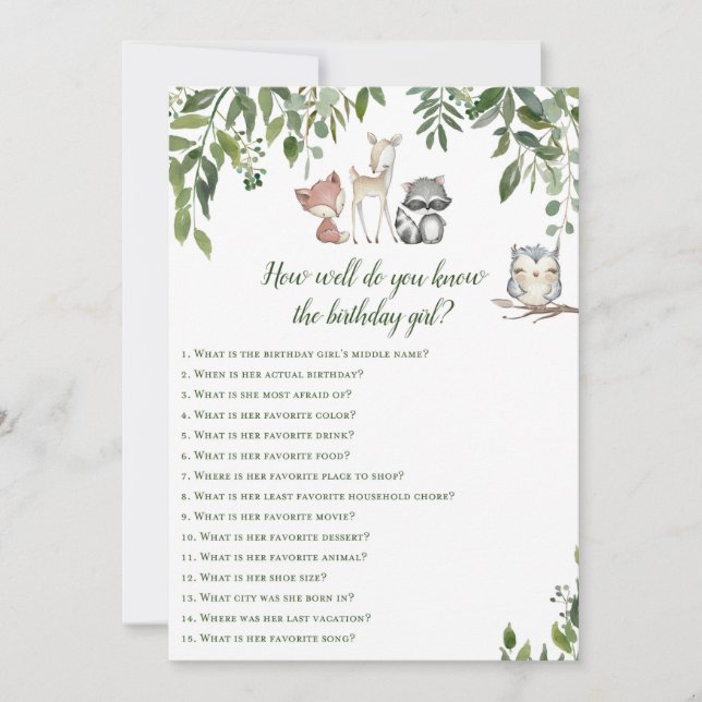 Convite Woodland Birthday Game - Quem conhece Birthday Gir (Frente)