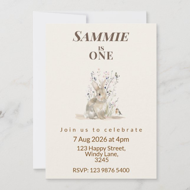 Convite Woodland Bunny First Birthday Invitation (Frente)