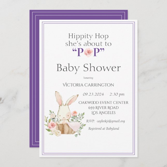 Convite Woodland Bunny Rabbit Purple Modern (Frente/Verso)