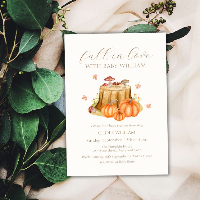 Convite Woodland Cai Apaixonada Pumpkin Mushroom Chá de fr (Woodland Fall In Love Pumpkin Mushroom Baby Shower Invitation)