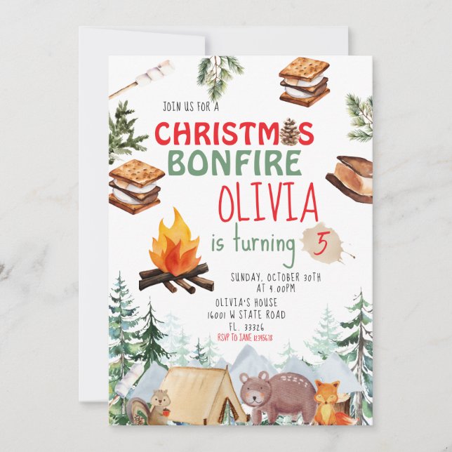 Convite Woodland Christmas Holiday Bonfire Invite (Frente)
