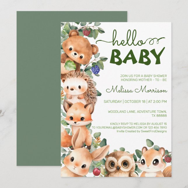 Convite Woodland Creatures Hello Baby Boy Chá (Frente/Verso)