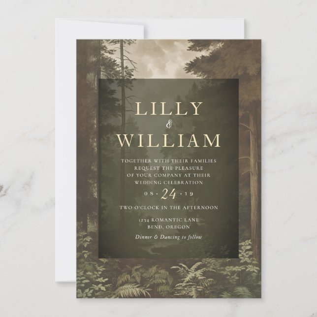 Convite Woodland Dark Forest Moody River Wedding (Frente)