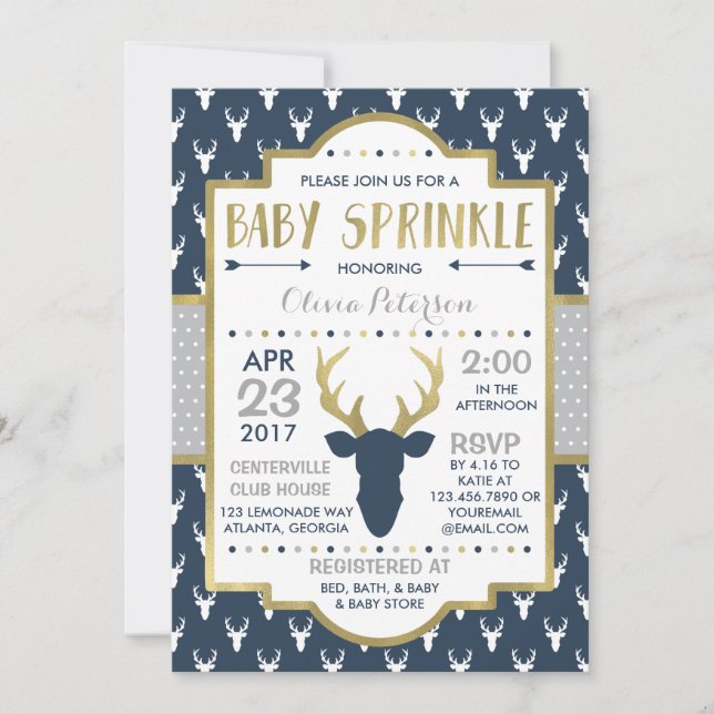 Convite Woodland Deer Baby Sprinkle Invent, Faux Foil (Frente)