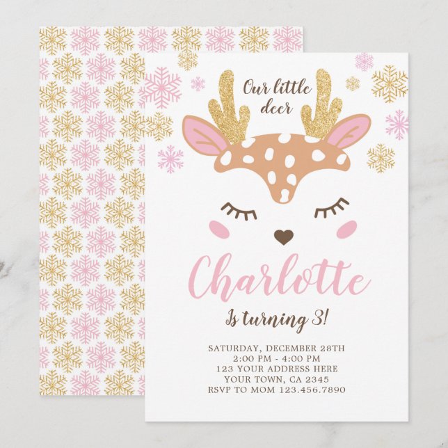 Convite Woodland, Deer Birthday (Frente/Verso)