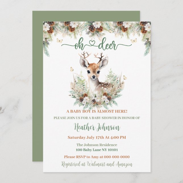 Convite Woodland Deer Chá de fraldas Boy (Frente/Verso)