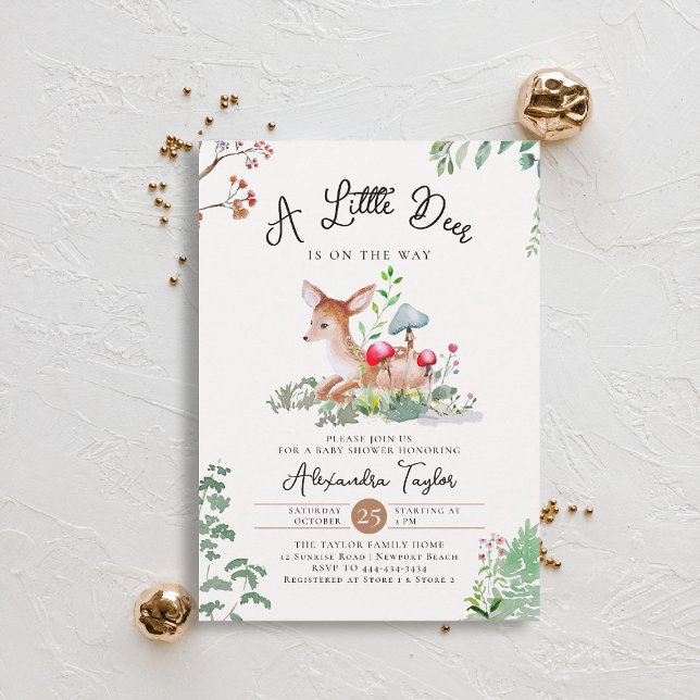 Convite Woodland Deer Mushroom Greenery Magic Chá de frald (woodland baby shower invitation enchanted woods forest little deer wildflowers earthy magic)