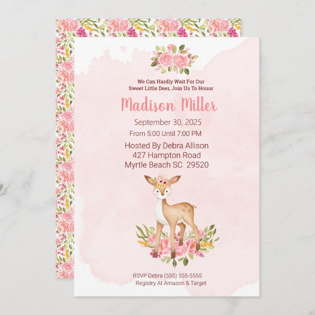 Convite Woodland Deer Pink Floral Chá de fraldas Invitati (Frente/Verso)