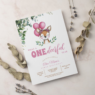 Convite Woodland Deer Pink Greenery Garota Primeiro Aniver