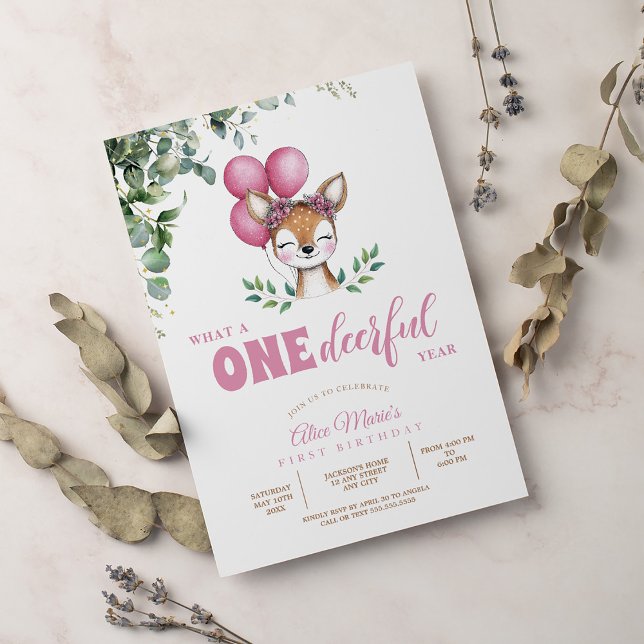 Convite Woodland Deer Pink Greenery Garota Primeiro Aniver (Criador carregado)
