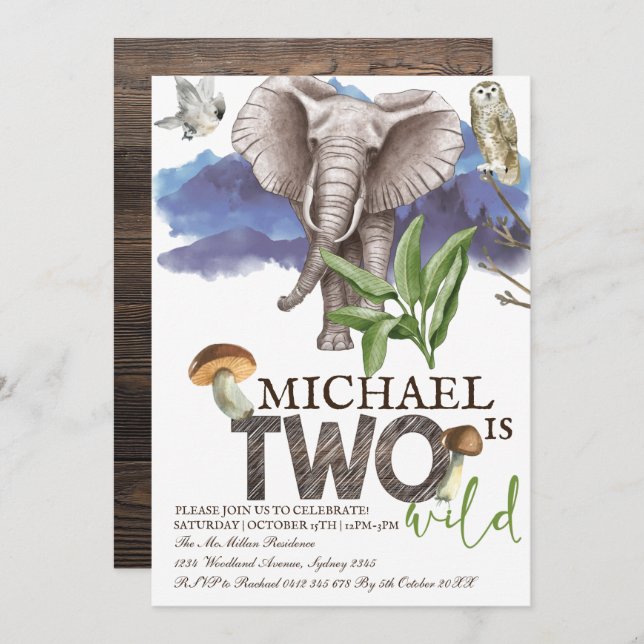Convite Woodland Elephant Watercolor Segundo Aniversário (Frente/Verso)