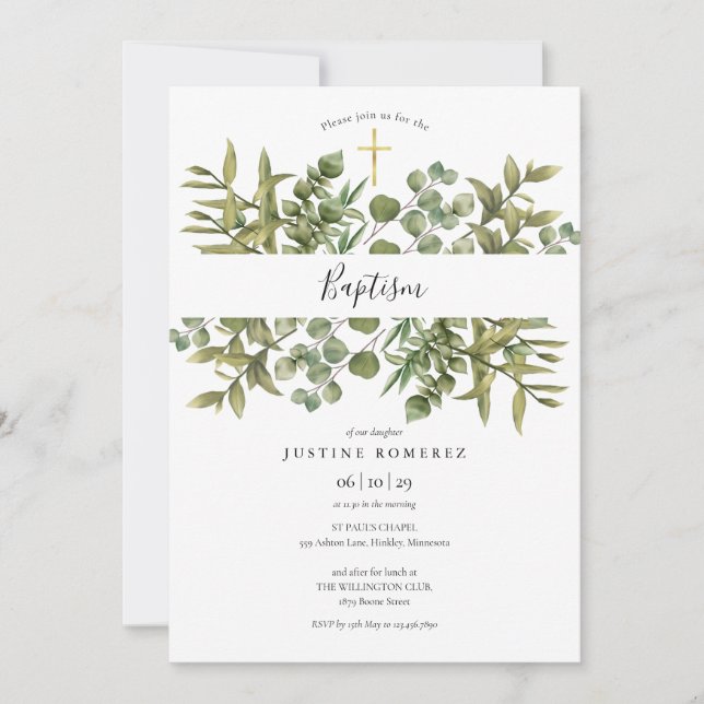 Convite Woodland Eucalyptus Greenery Baptism Christening (Frente)