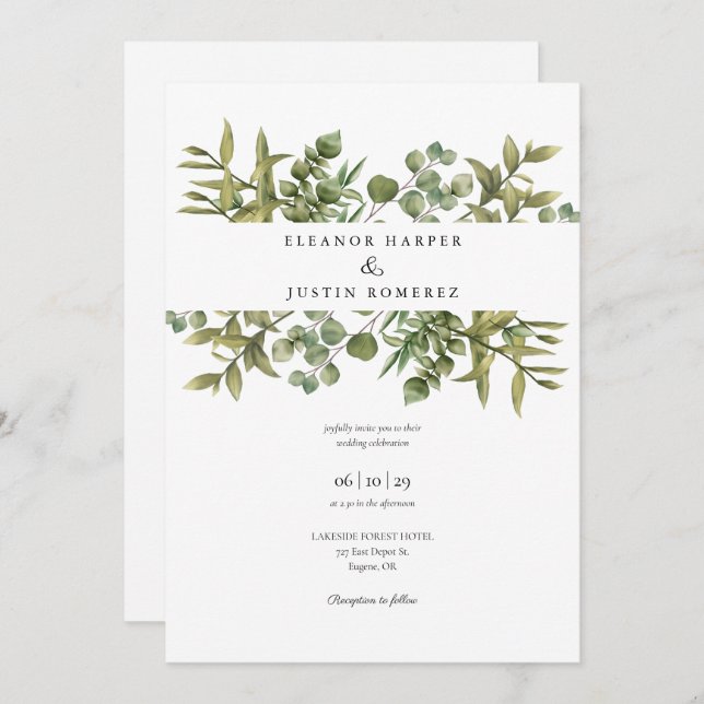 Convite Woodland Eucalyptus Greenery Casamento (Frente/Verso)