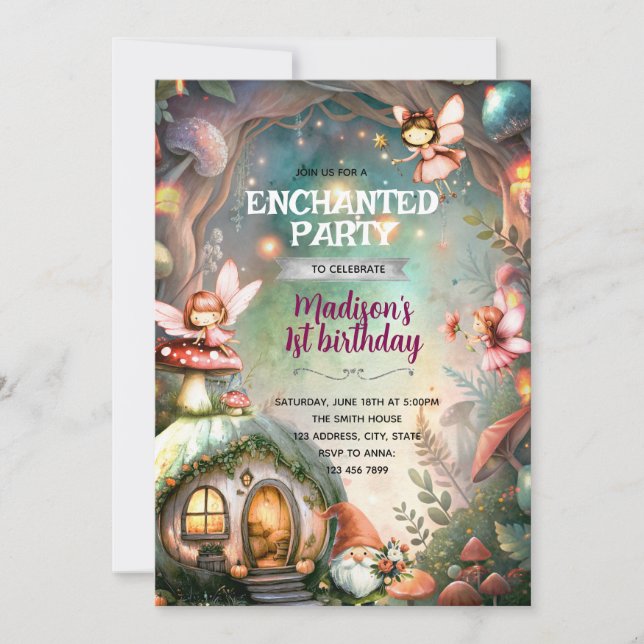 Convite Woodland Fairy and Gnome Birthday Invitation (Frente)
