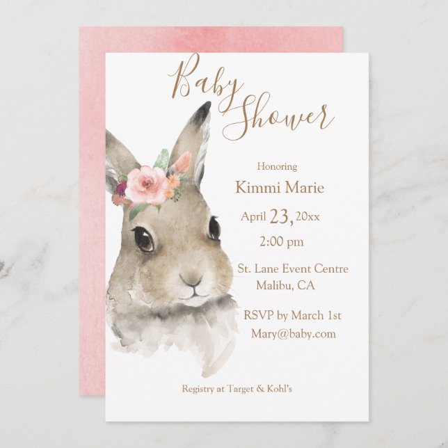 Convite Woodland Floral Bunny Watercolor Script Baby (Frente/Verso)