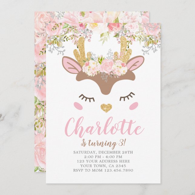 Convite Woodland, Floral Deer Birthday (Frente/Verso)