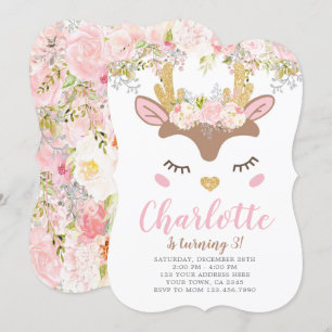 Convite Woodland, Floral Deer Birthday